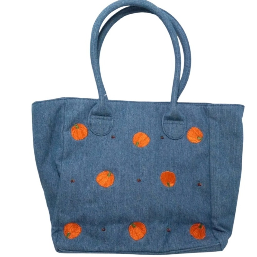 Denim Tote Bag Pumpkin Embroidered Novelty‎ Shoulder Bag Unique Purse for Fall
